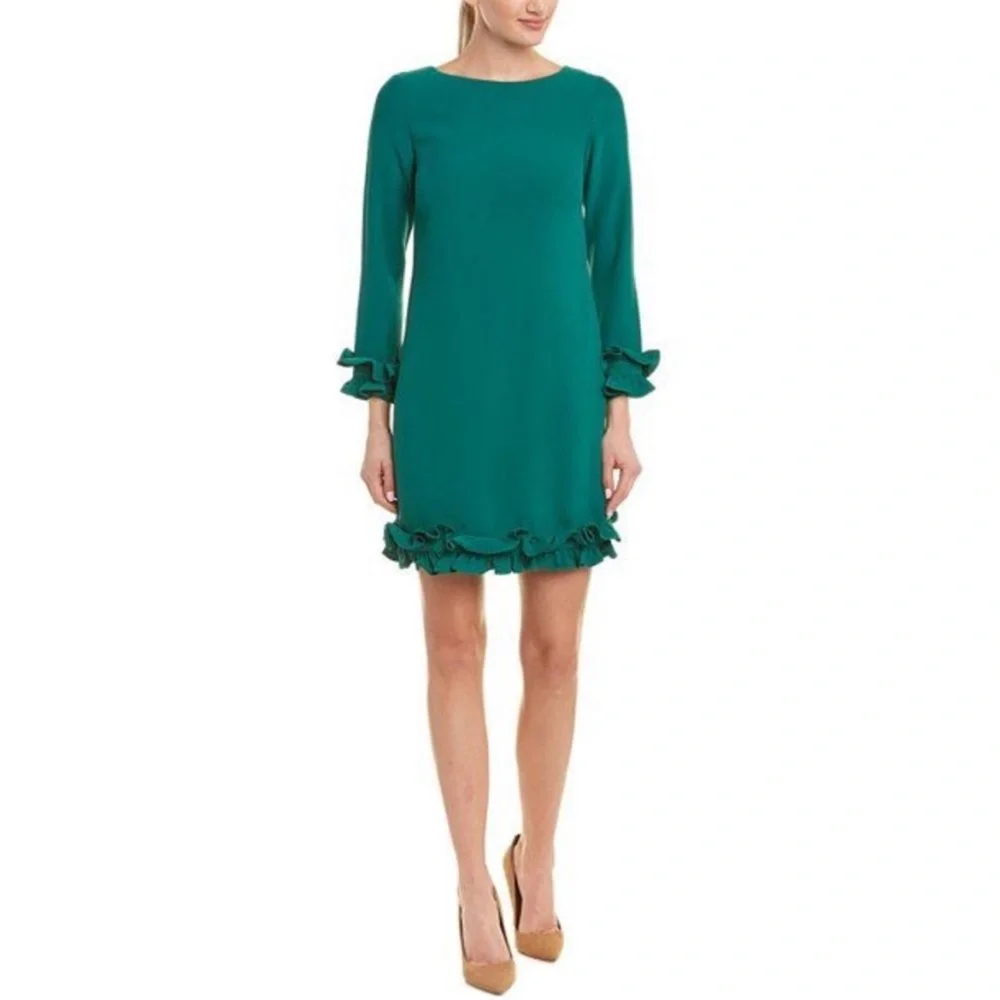 Sail to Sable Green Shift Dress 4 long sleeve mini ruffle cocktail party holiday - Picture 14 of 14